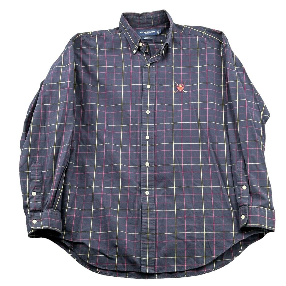 Ralph Lauren Golf Shirt Mens Large Blue Purple Stripe Tilden Cotton Crest Preppy